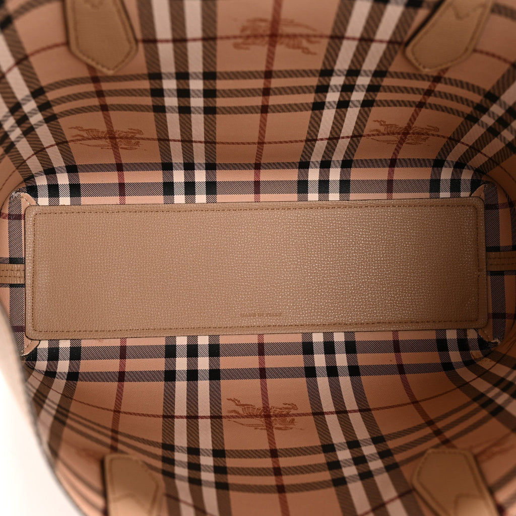 Grainy Calfskin Haymarket Check Small Reversible Tote Mid Camel