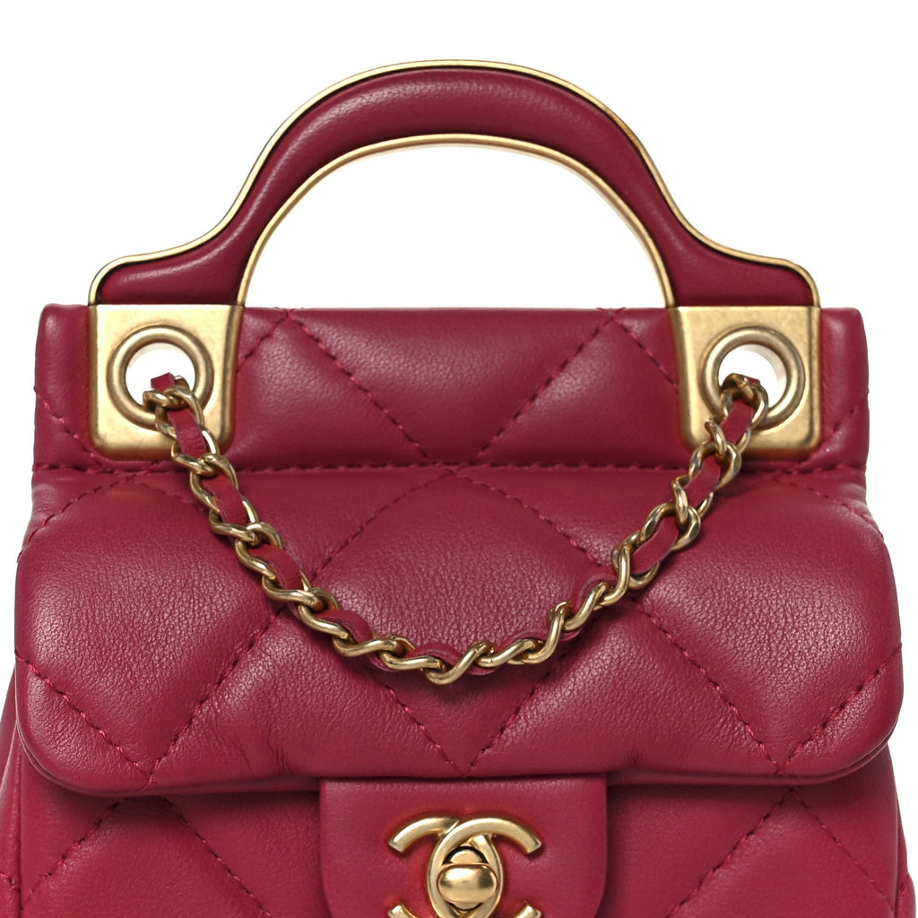 Calfskin Quilted Lady Handle Flap  Holder With Chain Dark Pink