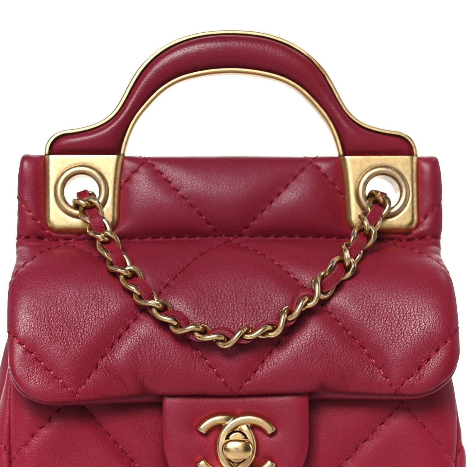 Calfskin Quilted Lady Handle Flap  Holder With Chain Dark Pink