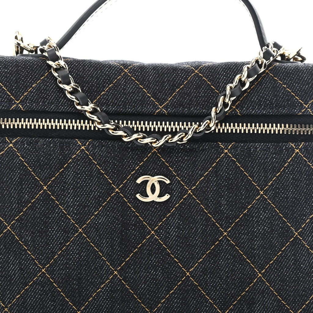 Denim Quilted Top Handle Slim Vanity Case With Chain Dark Blue Orange