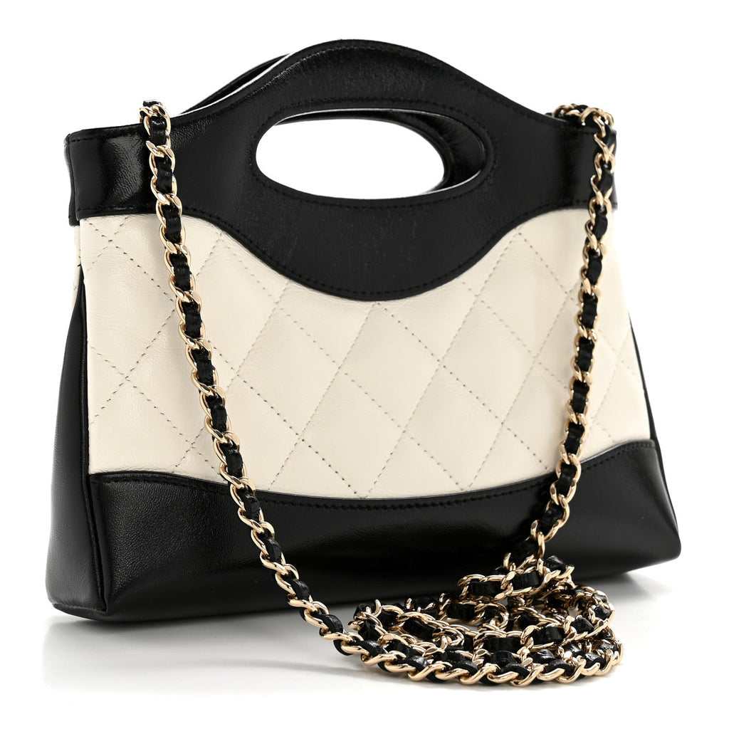Shiny Crumpled Calfskin Quilted Nano 31 Shopping Bag White Black