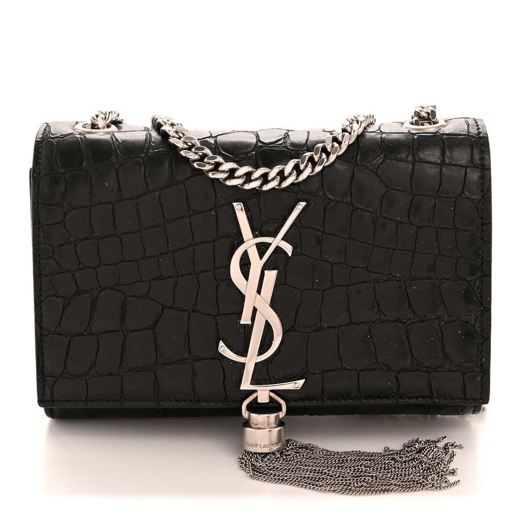 Calfskin Crocodile Embossed Small Classic Monogram Kate Tassel Satchel Black