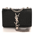 Calfskin Crocodile Embossed Small Classic Monogram Kate Tassel Satchel Black