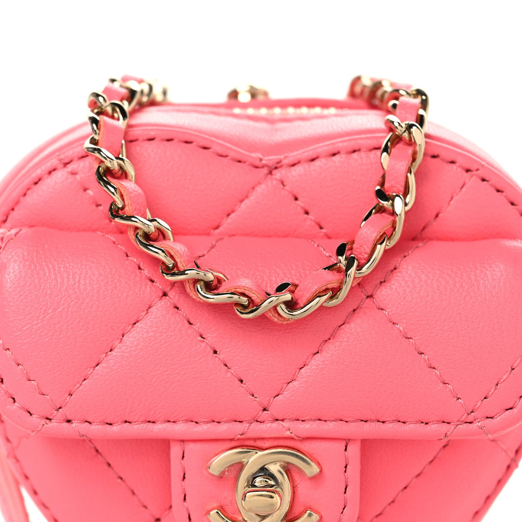 Lambskin Quilted CC In Love Heart Coin Purse With Chain  Pink