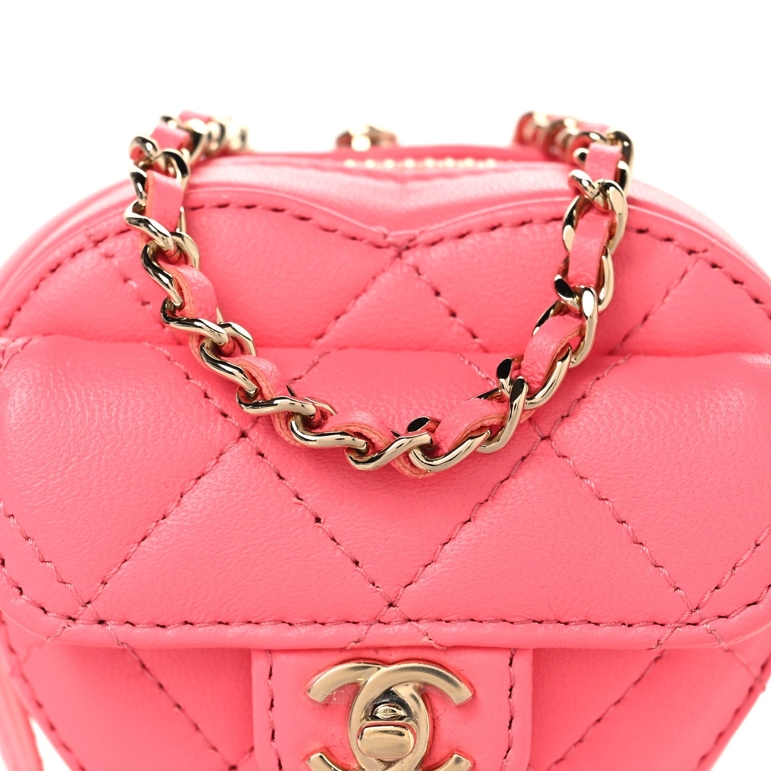 Lambskin Quilted CC In Love Heart Coin Purse With Chain  Pink