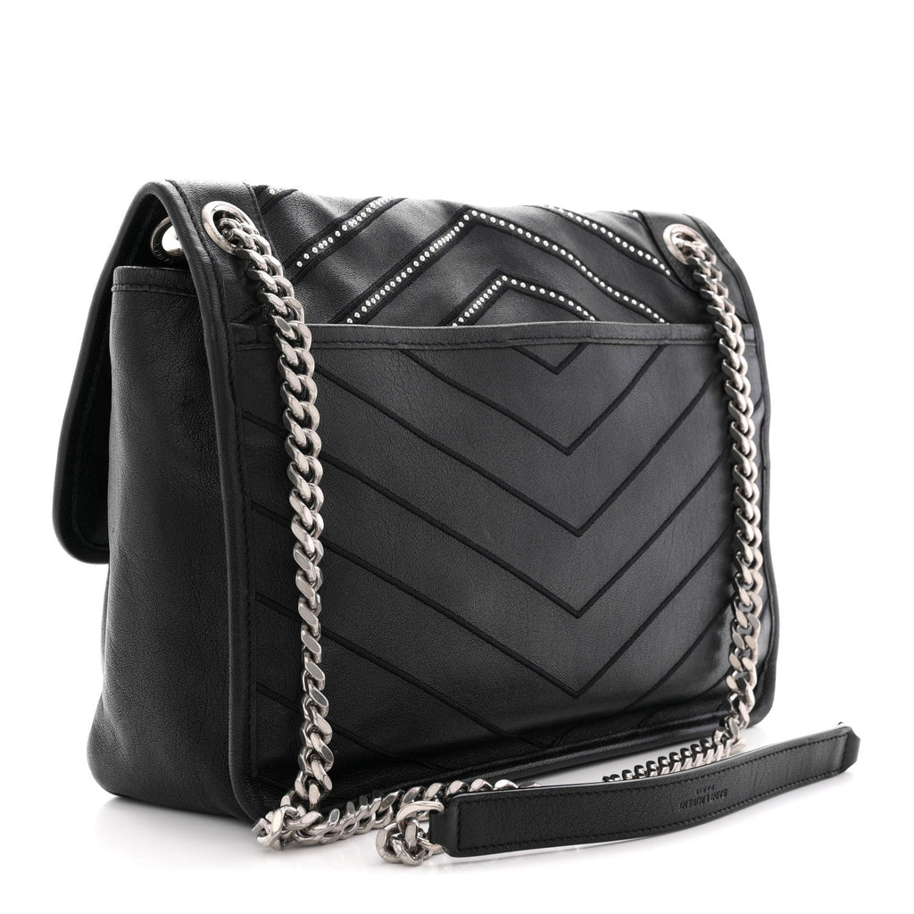 Calfskin Matelasse Monogram Microstud Medium Niki Chain Satchel Black