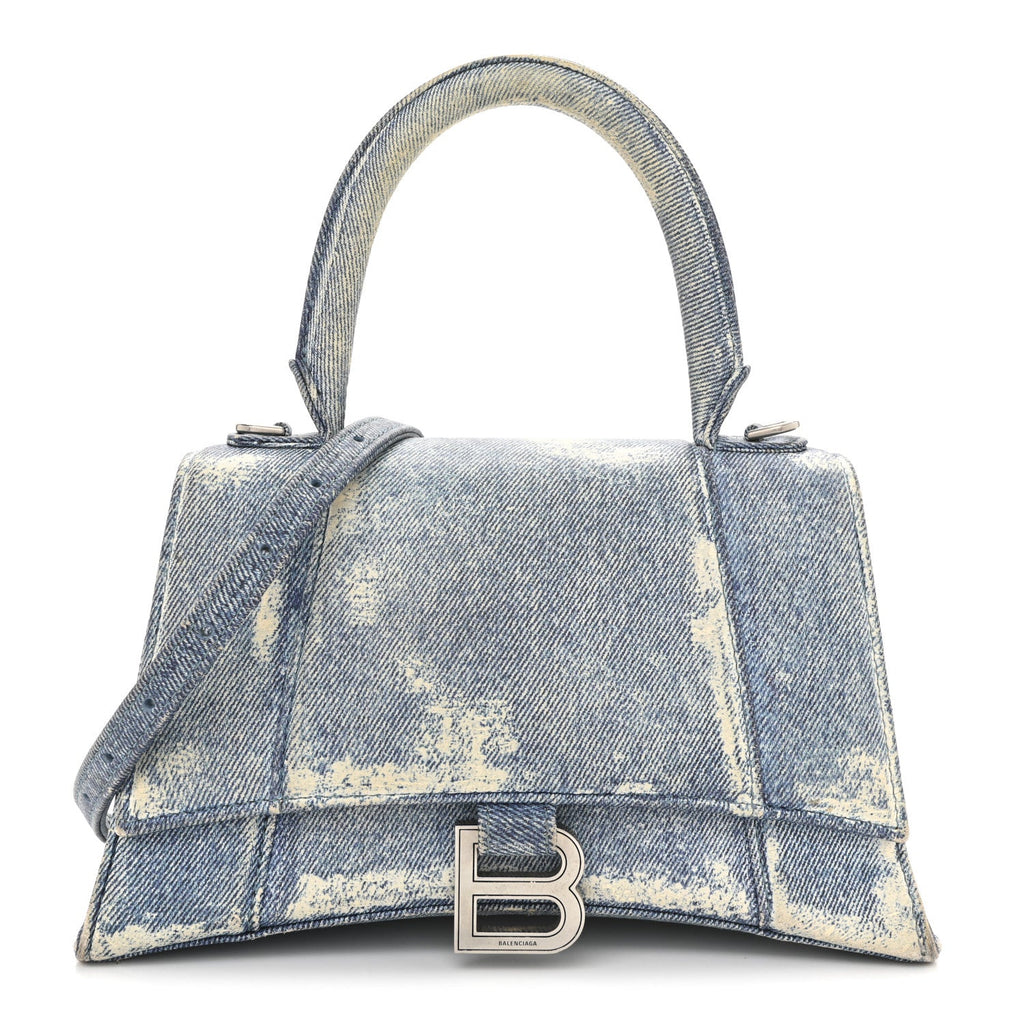 Nappa Denim Printed Hourglass Top Handle Bag Small Denim Blue