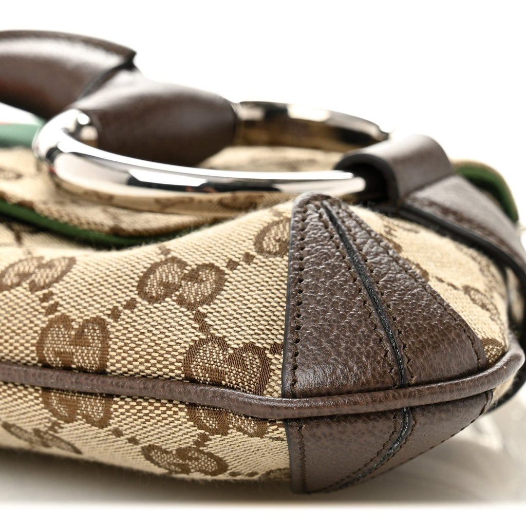 Monogram Textured Dollar Calfskin Heavy Grosgrain Web Medium Maxi Horsebit Chain Shoulder Bag Beige Ebony New Acero