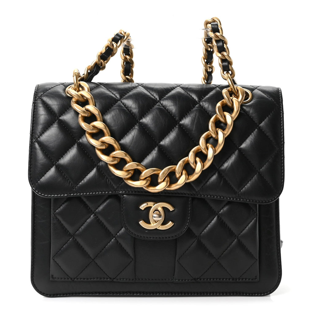 Aged Calfskin Quilted Double You Backpack Black