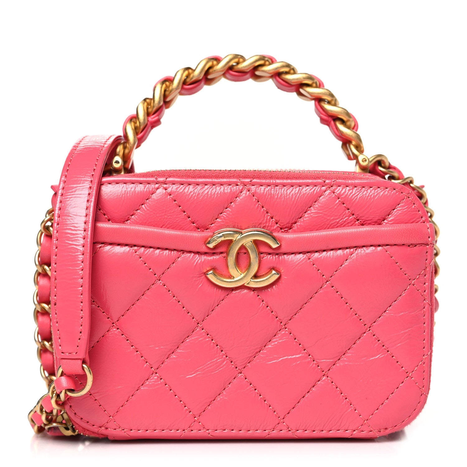 Crumpled Calfskin Quilted Mini Get Round Top Handle Vanity Case Pink