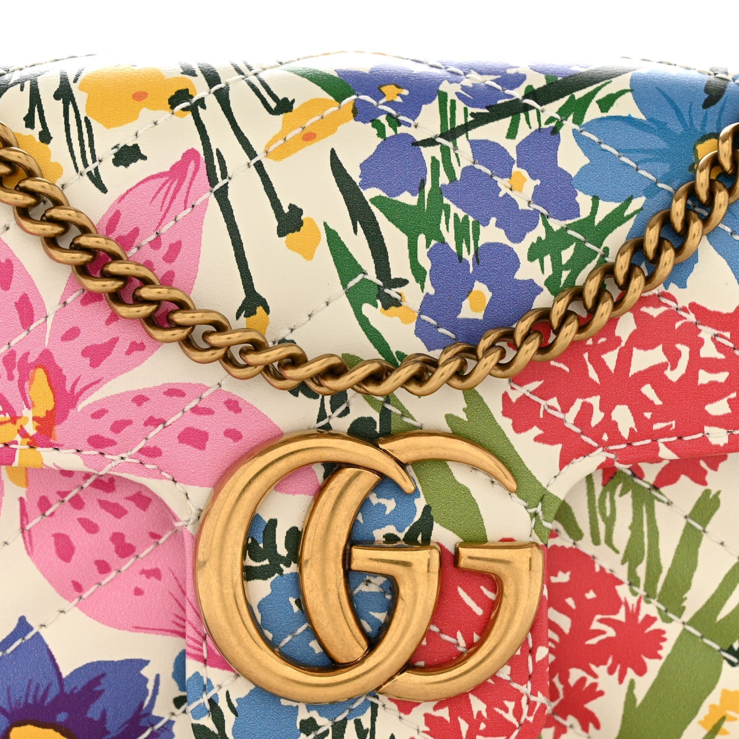 X KEN SCOTT Calfskin Matelasse Floral Print Super Mini GG Marmont Shoulder Bag Ivory Pink