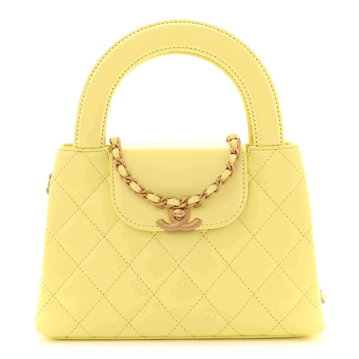 Shiny Aged Calfskin Quilted Nano Kelly Shopper Light Yellow