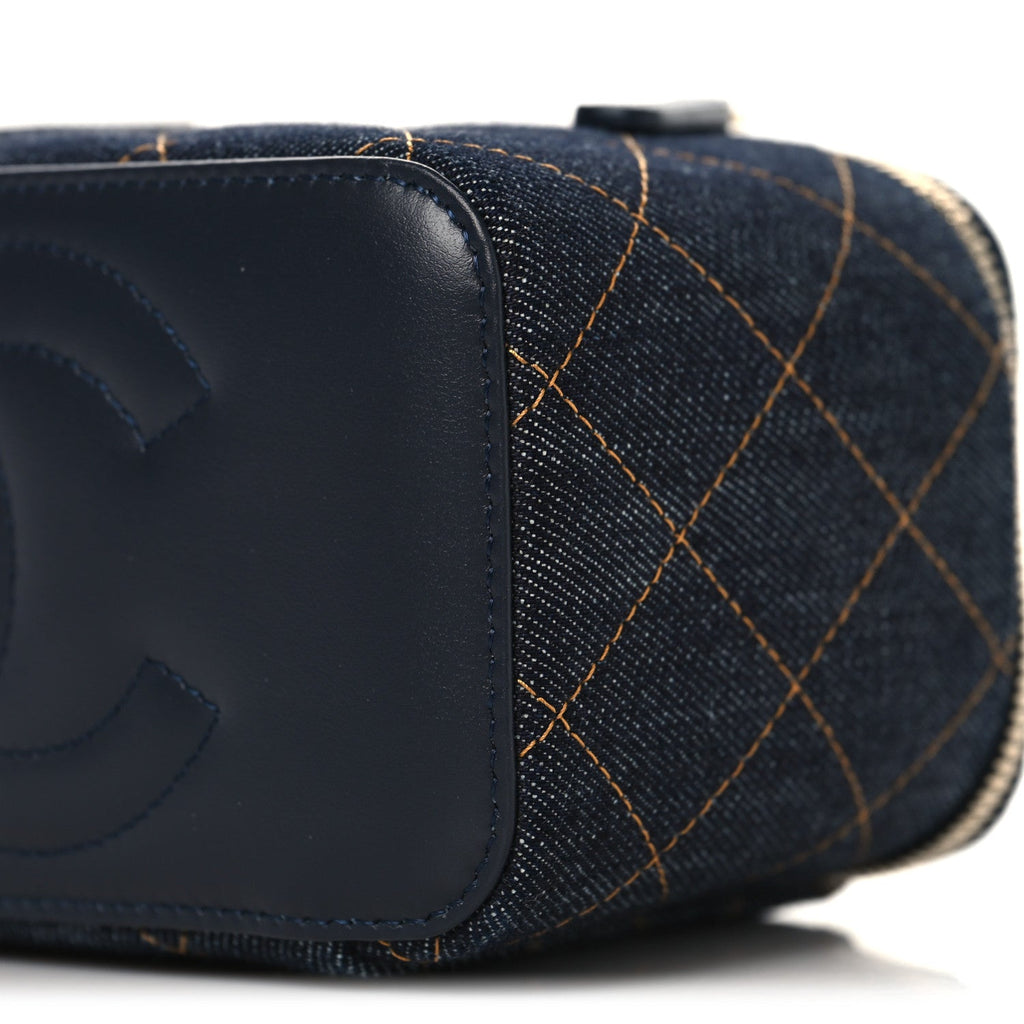 Denim Quilted Vanity Case With Chain Dark Blue