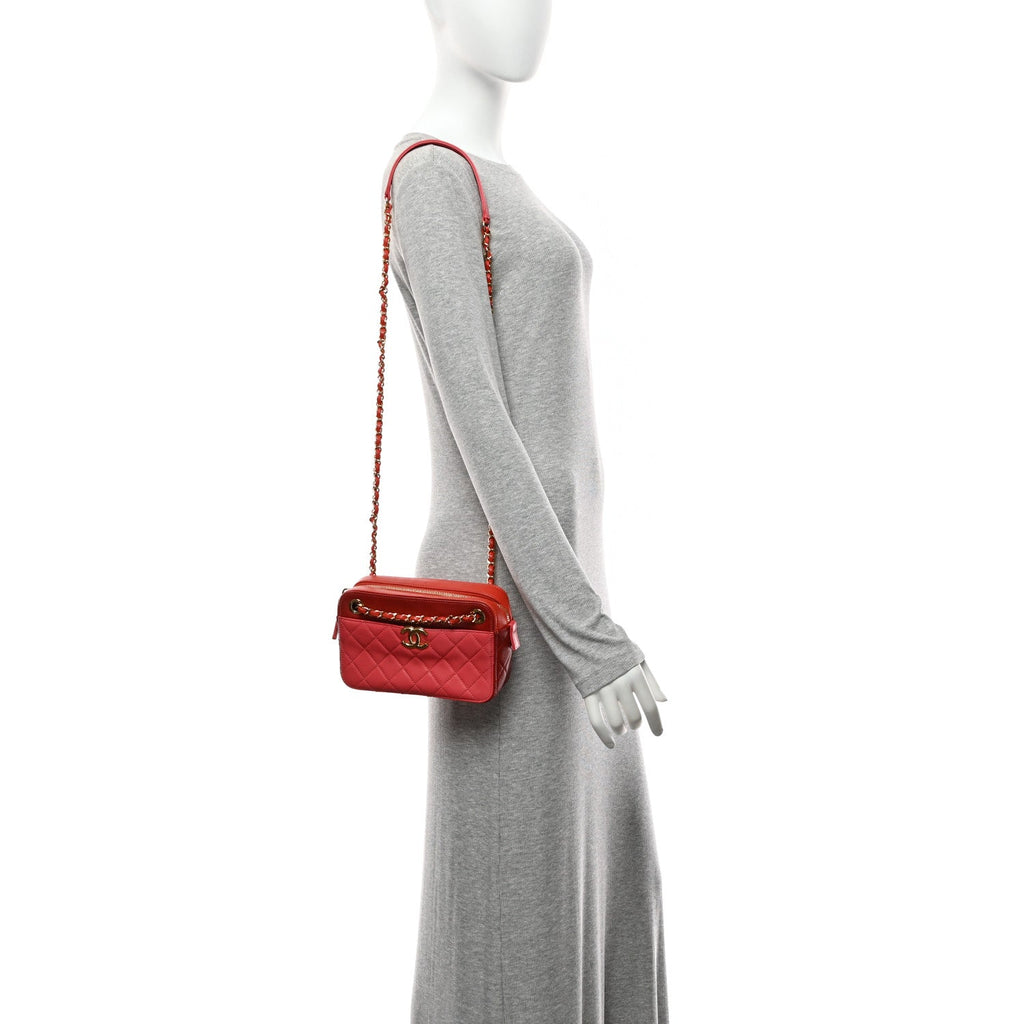 Goatskin Quilted Small In & Out Camera Case Pink Red