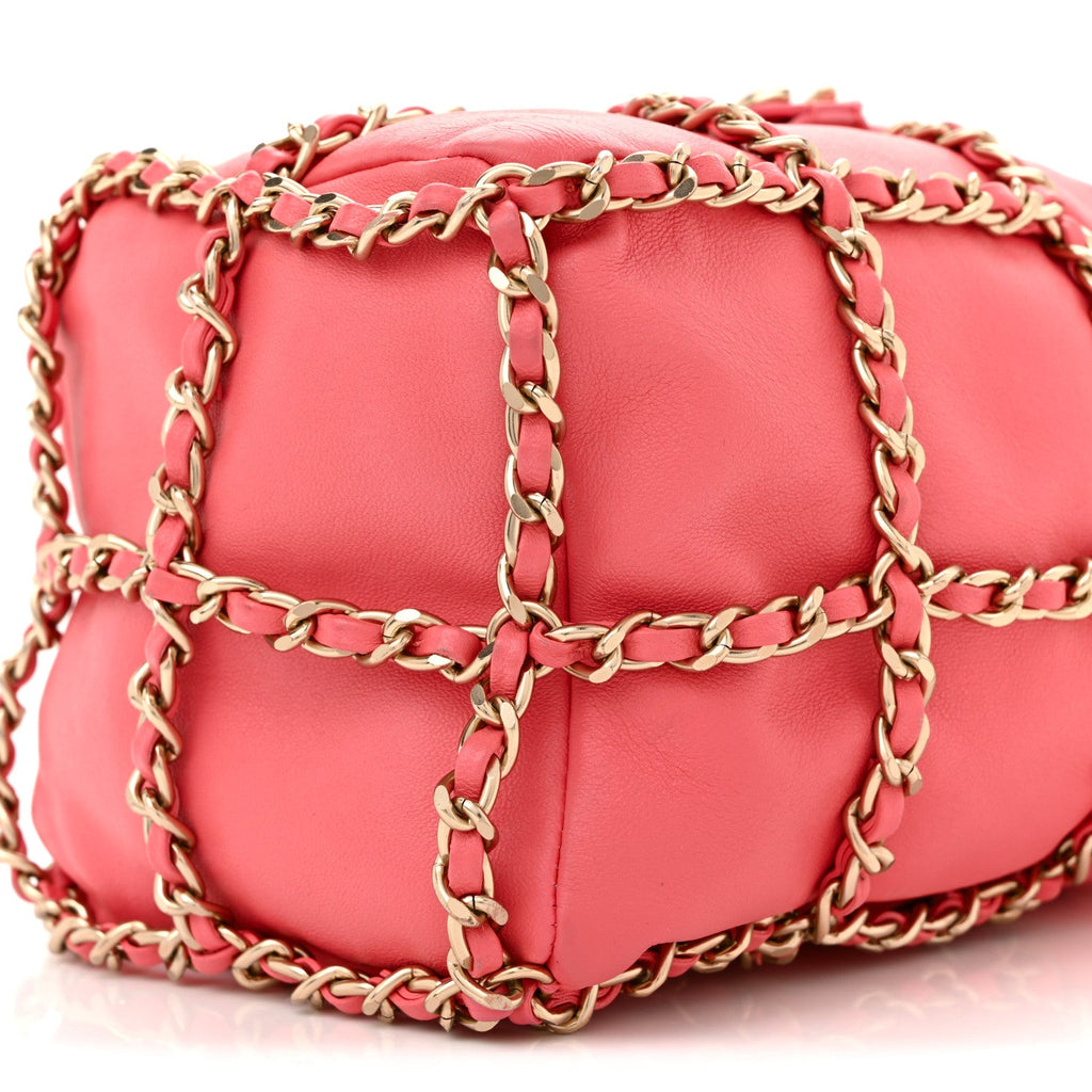 Lambskin Bucket Chain Drawstring Bag Pink