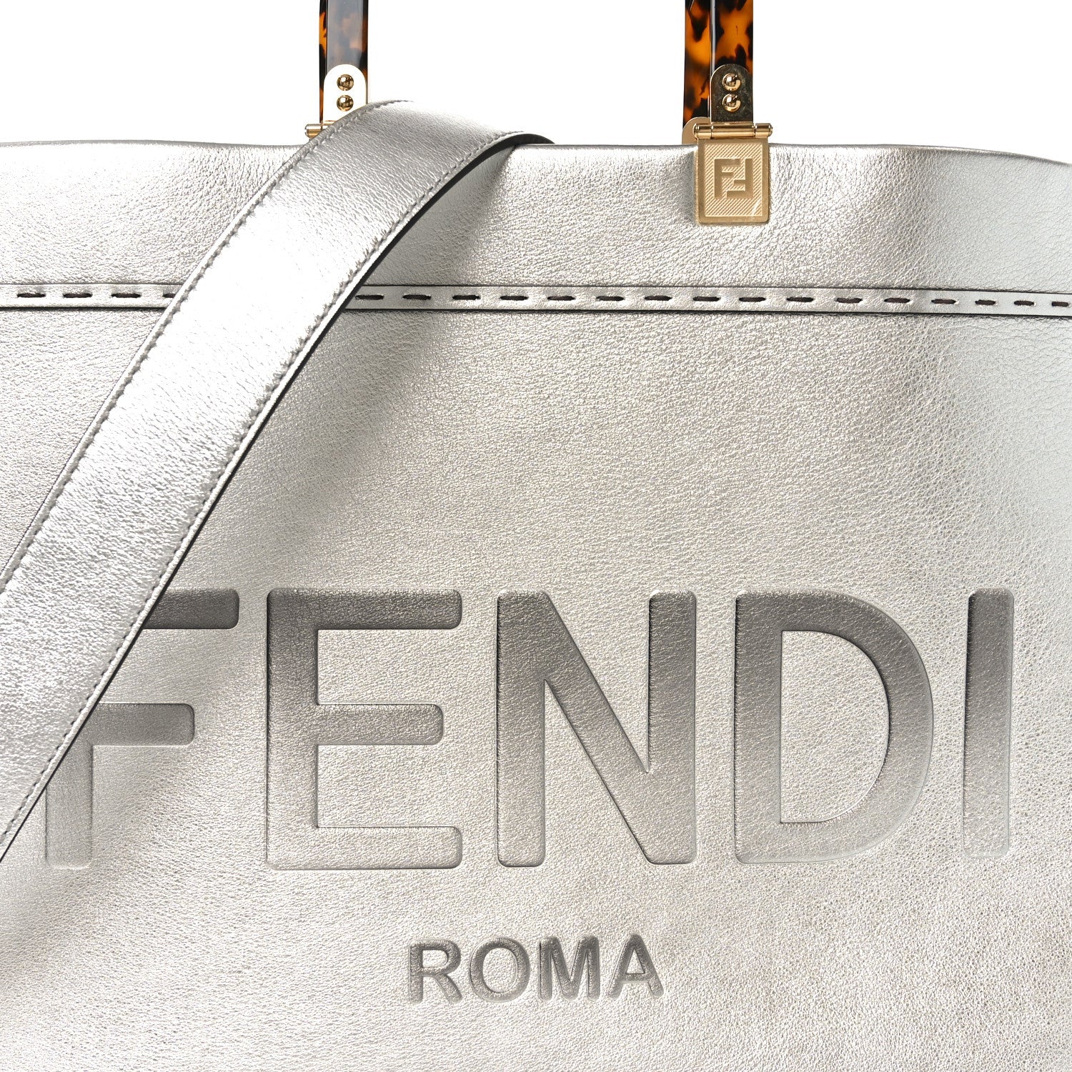 Vitello Catalan Mirror Plexiglass Logo Embossed Medium Fendi Sunshine Shopper Tote Argento