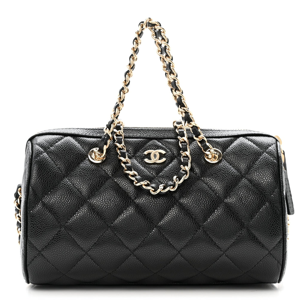 Caviar Quilted Barrel Clutch With Chain  Black