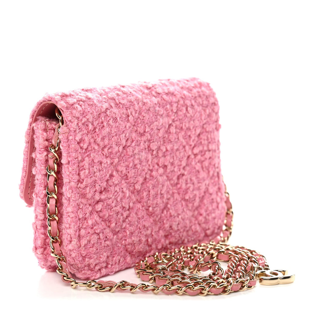 Tweed Quilted Flap Chain Waist Bag Pink