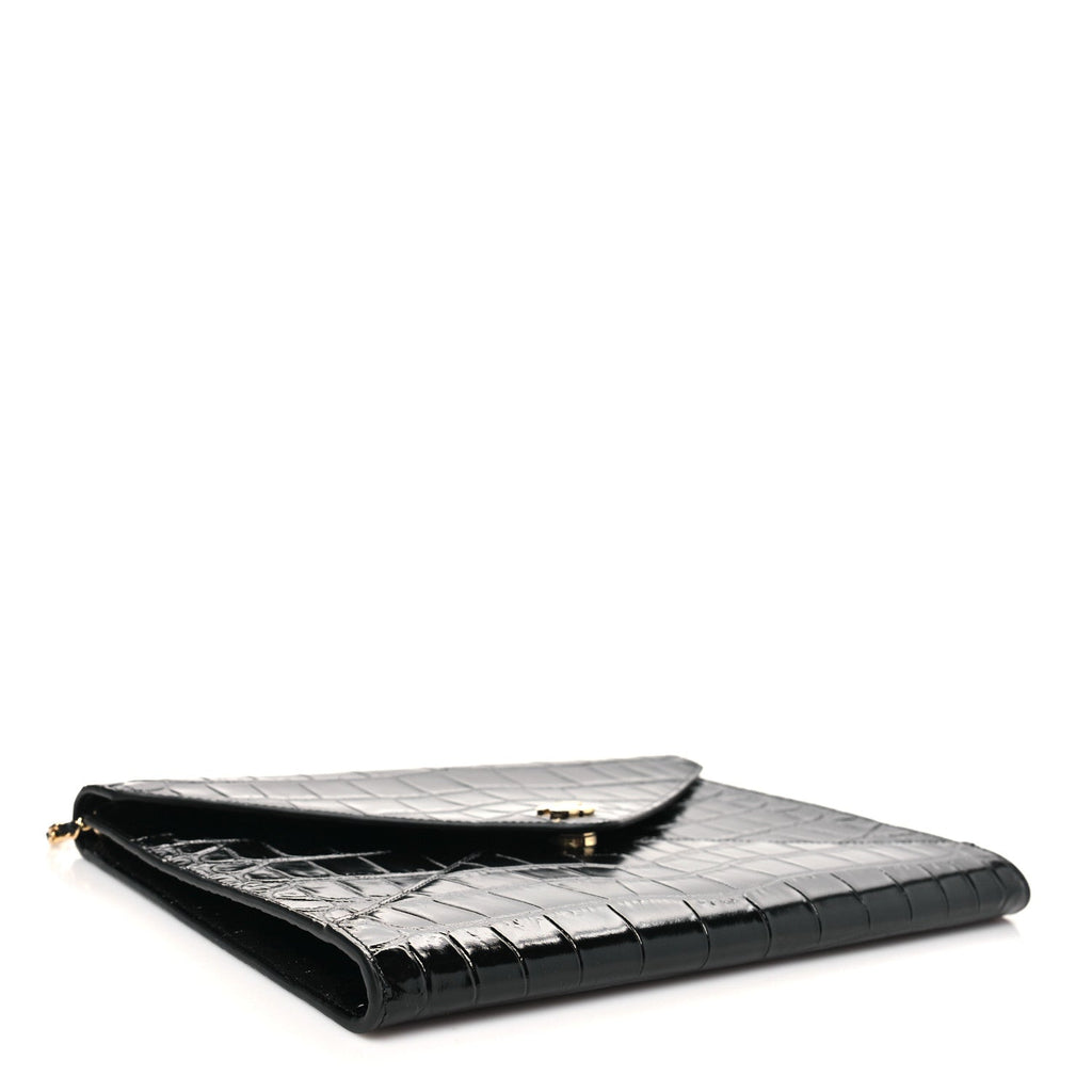 Calfskin Crocodile Embossed Croc Illusion Clutch With Chain  Black