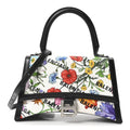 X GUCCI Canvas Boarded Plutone Calfskin Flora Logo Print Small Hourglass Top Handle Bag White Multicolor Black