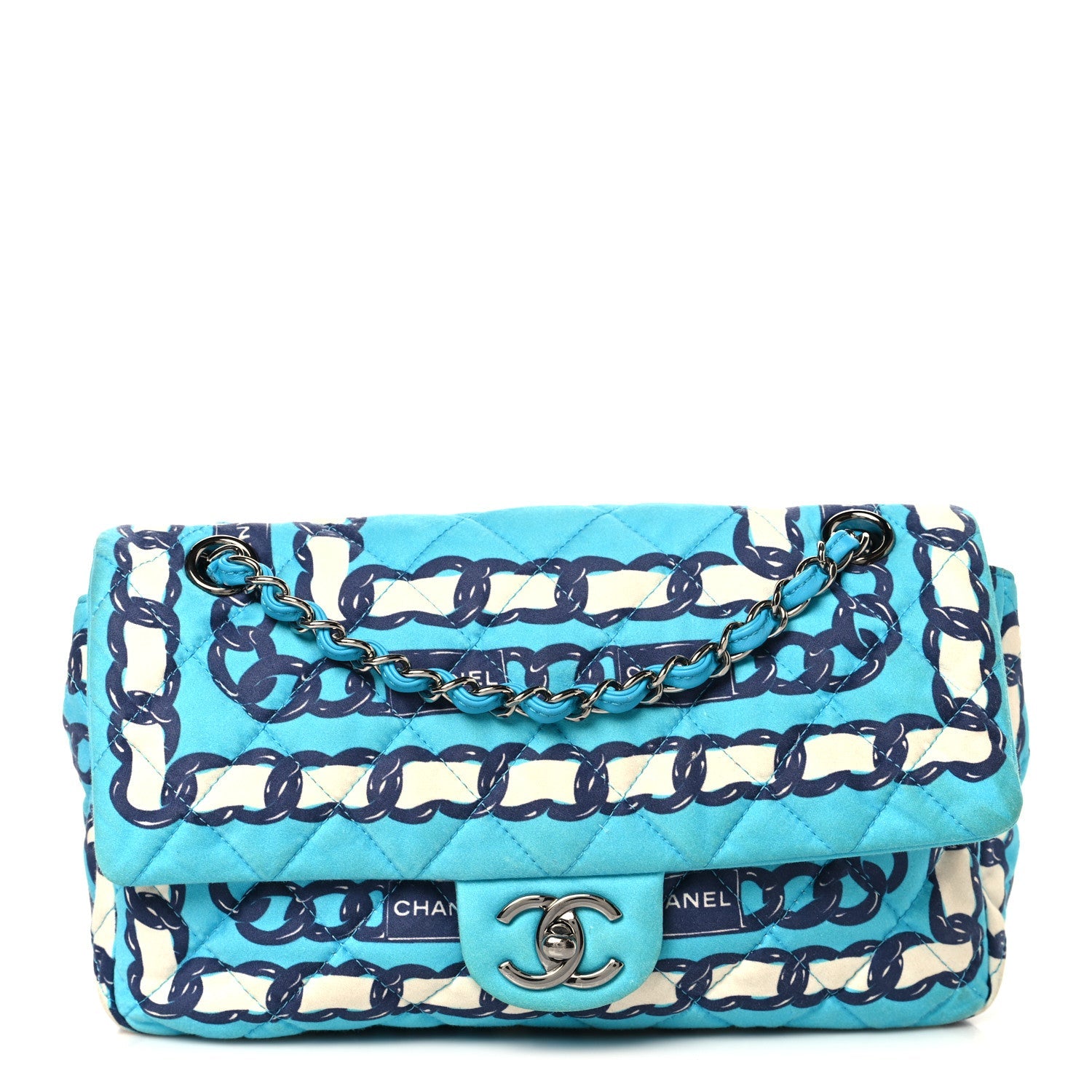 Silk Chain Printed Medium Single Flap Blue