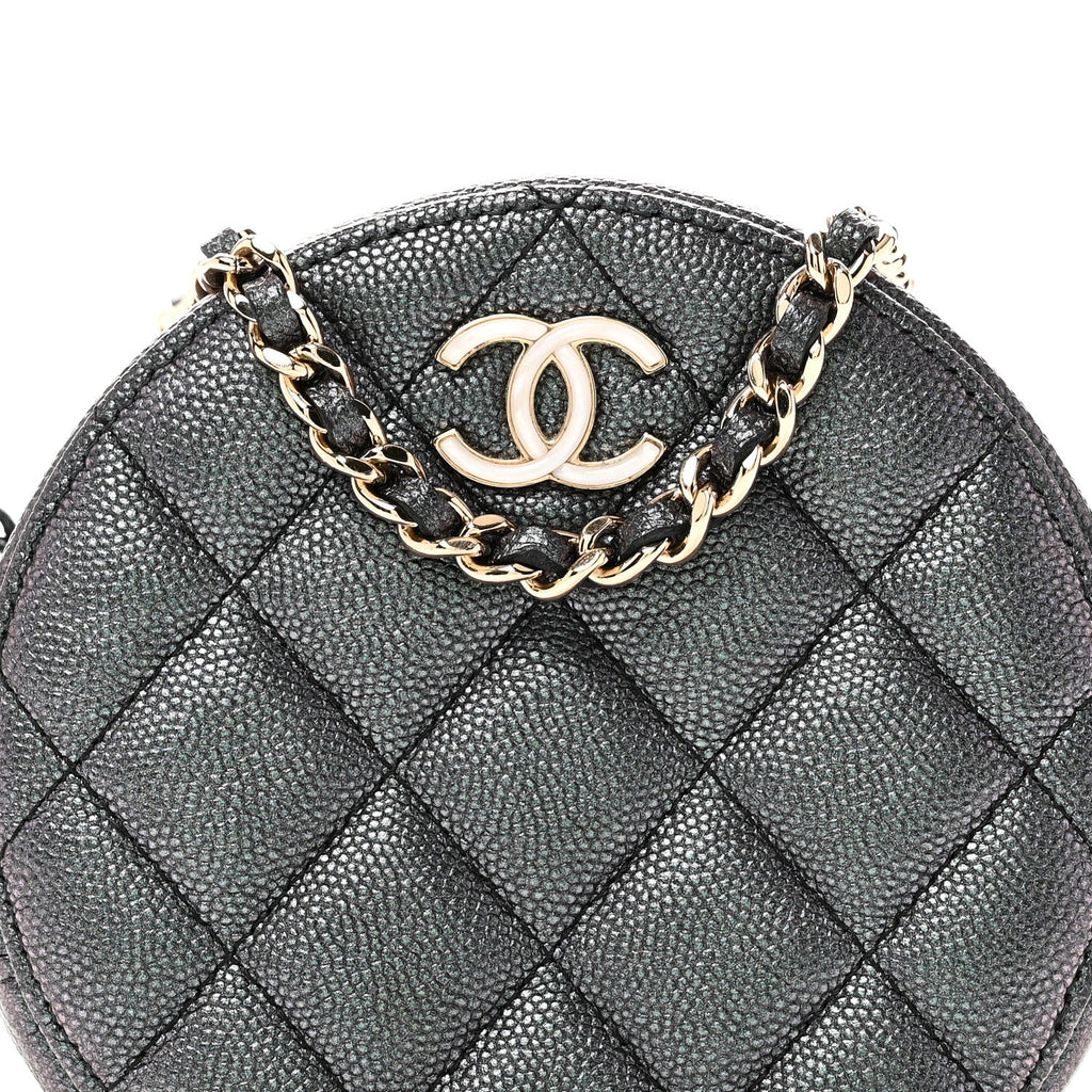 Iridescent Caviar Quilted Round Clutch With Chain Black