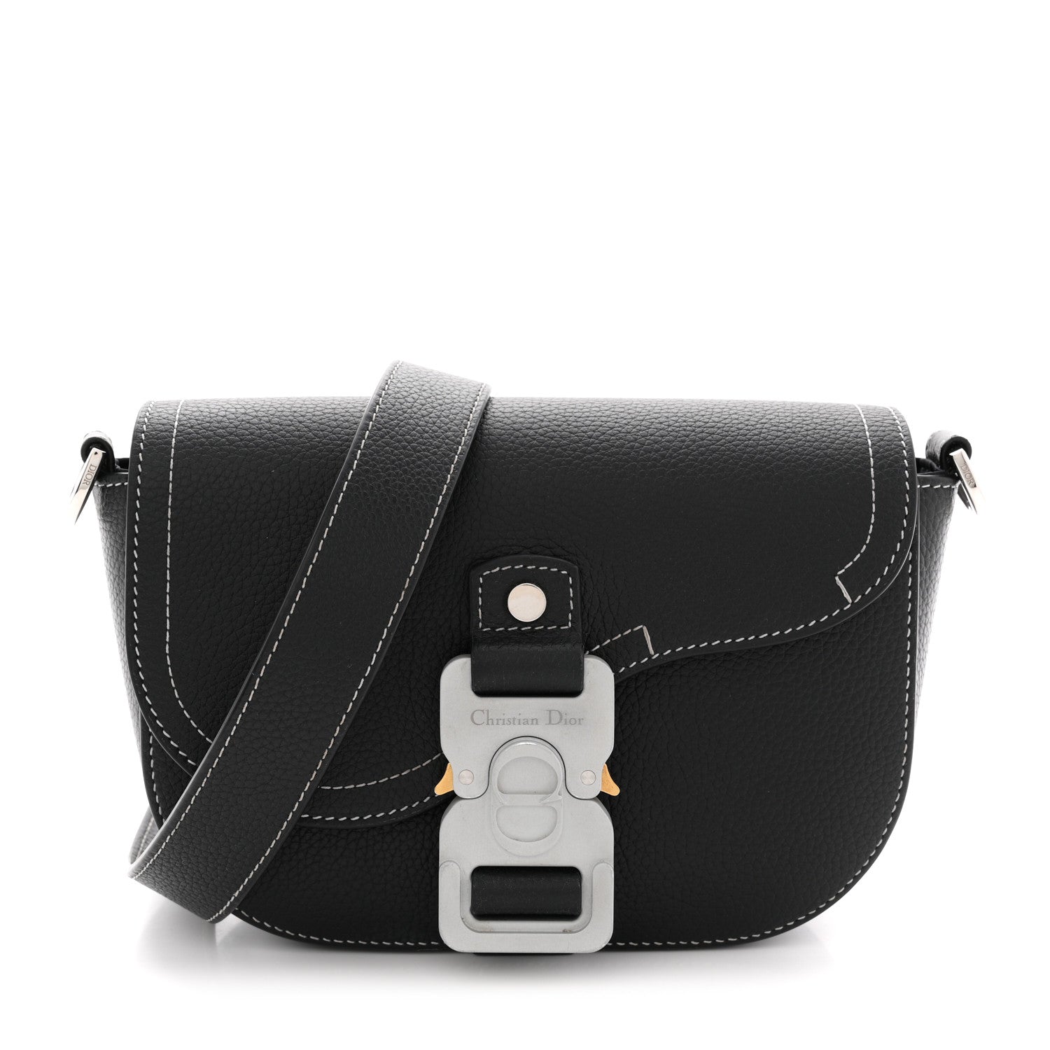 Grained Calfskin Saddle Messenger Bag With Strap Black