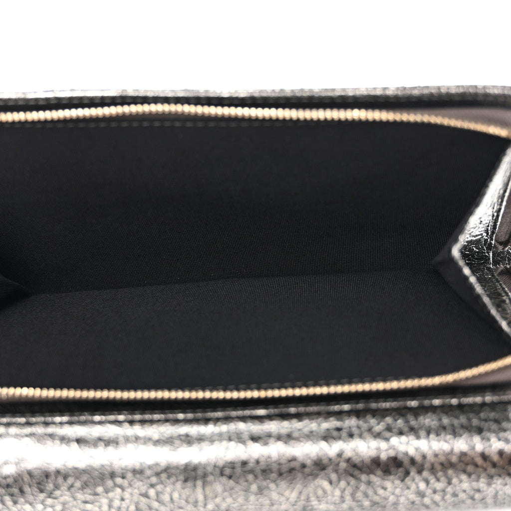 Cracked Metallic Calfskin Quilted Zip Away Chain Clutch Dark Silver