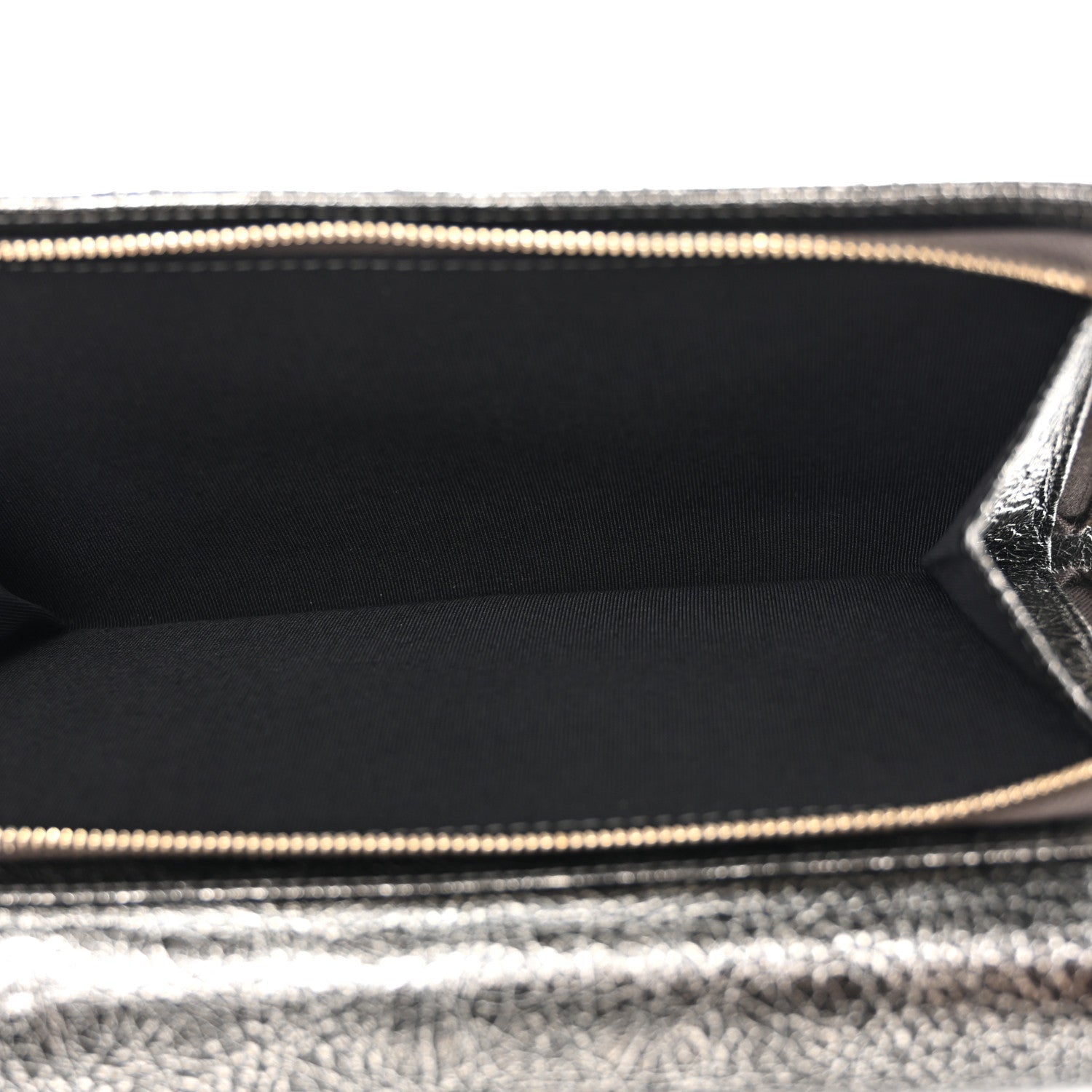 Cracked Metallic Calfskin Quilted Zip Away Chain Clutch Dark Silver