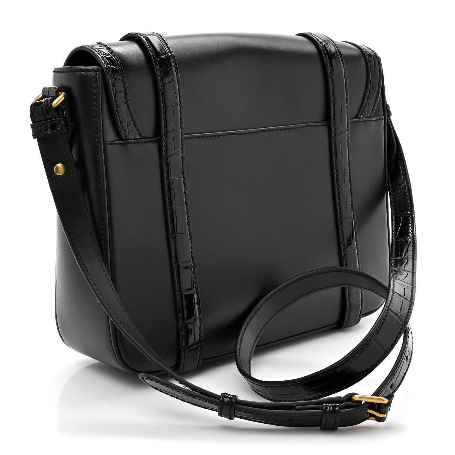 Calfskin Crocodile GG Double Buckle Medium Messenger Bag Black