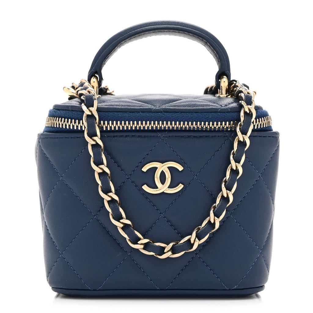 Lambskin Quilted Top Handle Mini Vanity Case With Chain Blue