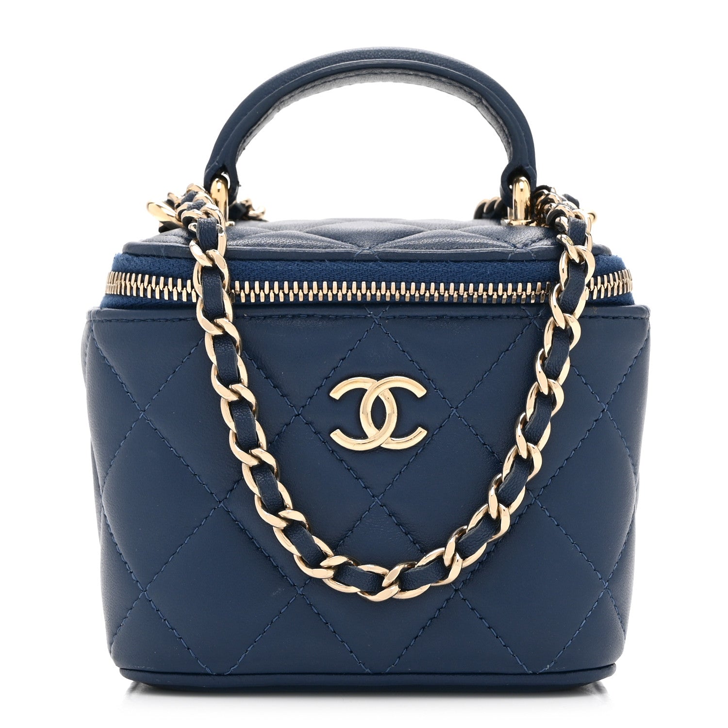 Lambskin Quilted Top Handle Mini Vanity Case With Chain Blue