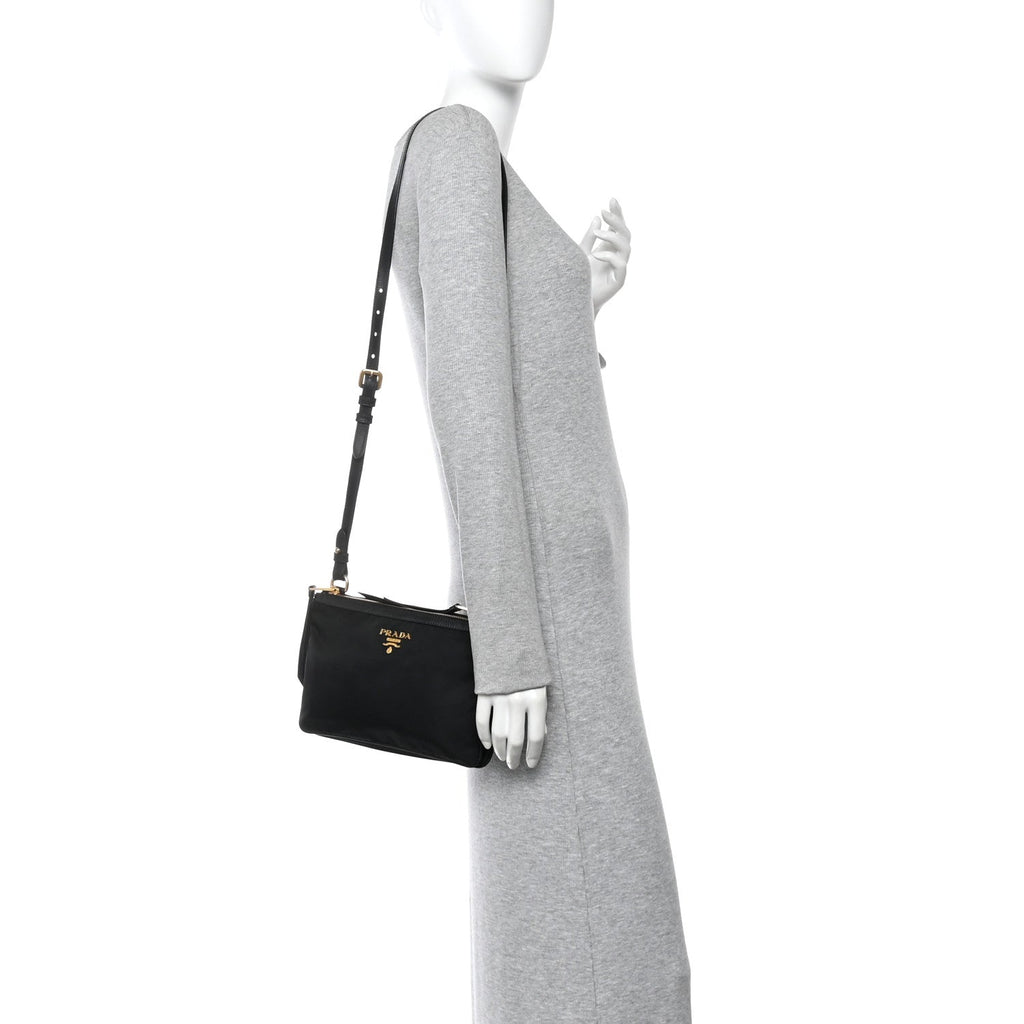 Tessuto Nylon Soft Calf Double Zip Crossbody Bag Black
