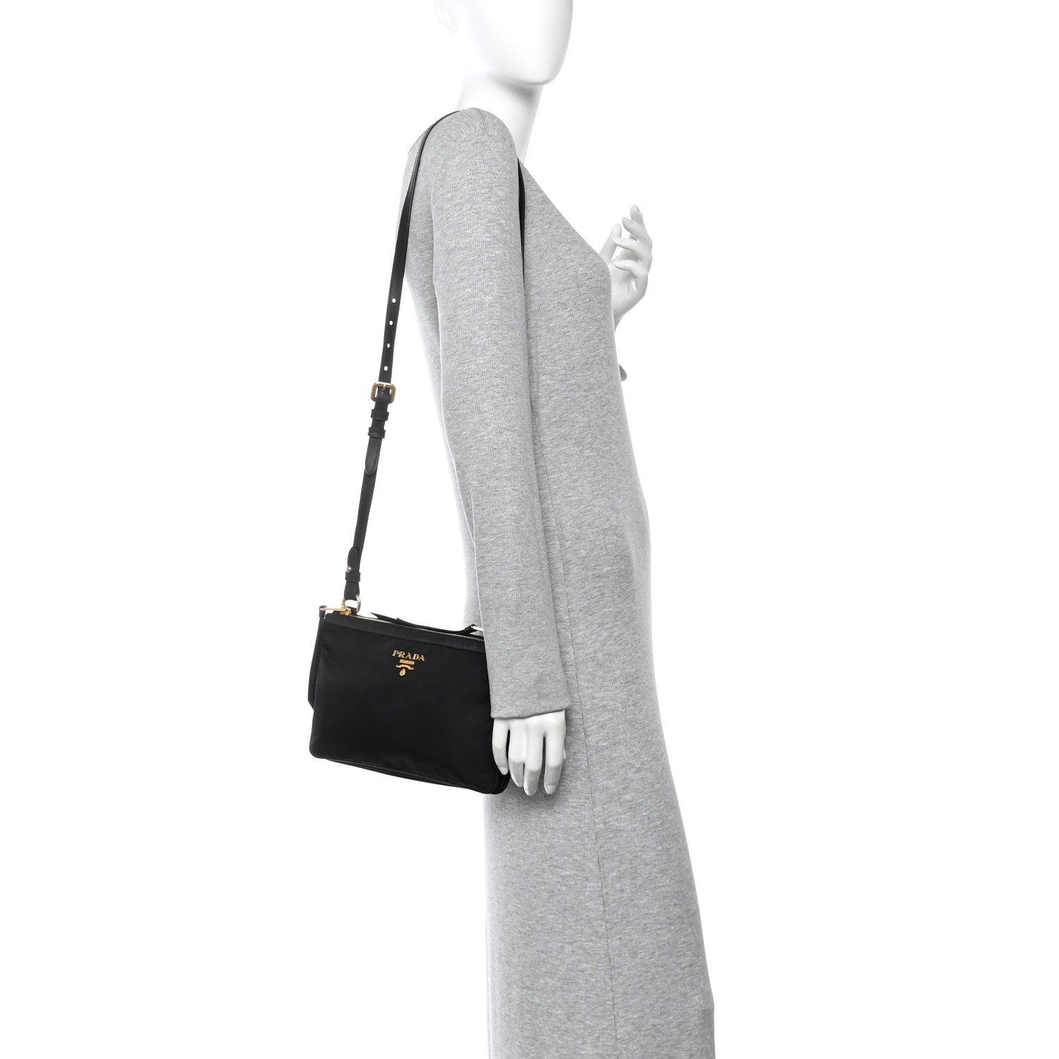 Tessuto Nylon Soft Calf Double Zip Crossbody Bag Black