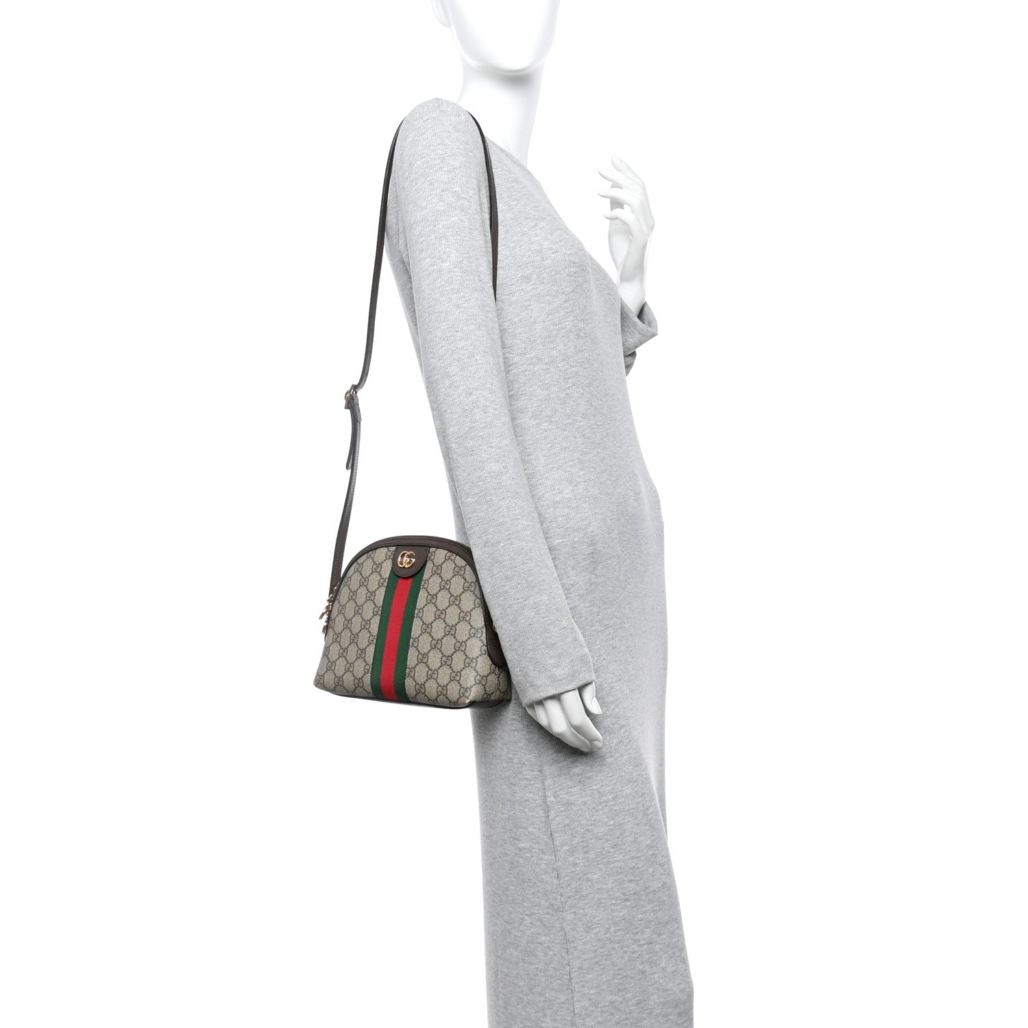 GG Supreme Monogram Textured Dollar Calfskin Web Small Ophidia Dome Shoulder Bag Beige Ebony New Acero