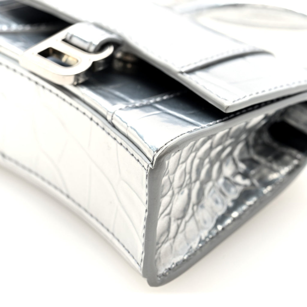 Metallic Calfskin Crocodile Embossed Hourglass Top Handle Bag Mini Silver
