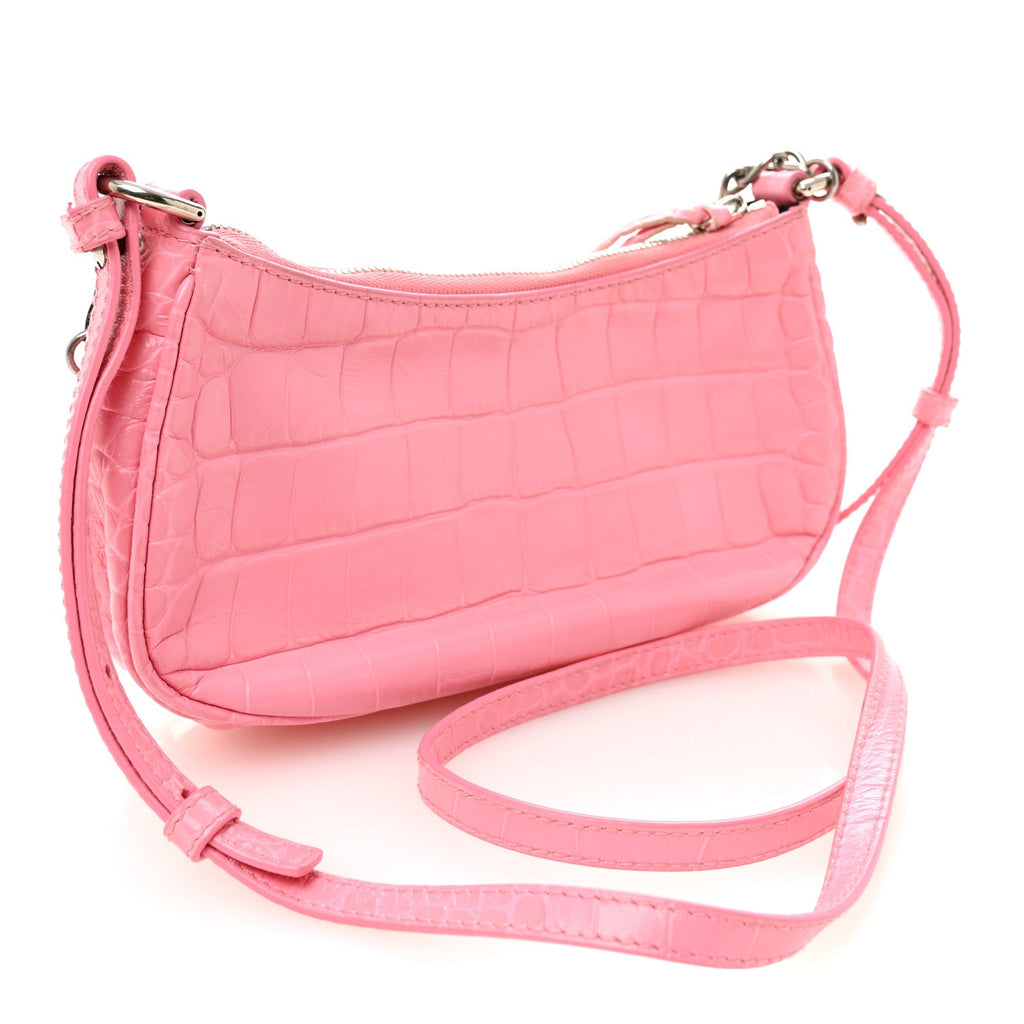 Extra Supple Calfskin Crocodile Embossed Le Cagole Mini Purse With Chain Sweet Pink