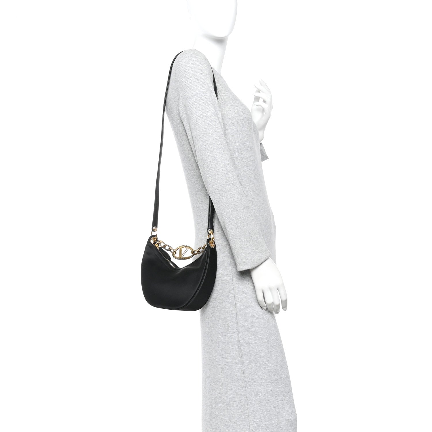 Satin Crystal Mini Vlogo Moon Bag Black