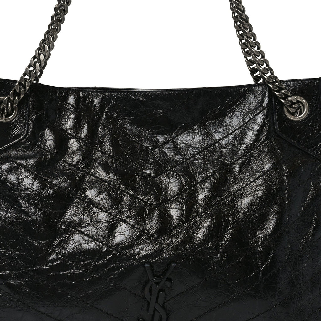 Crinkled Calfskin Matelasse Monogram Medium Niki Shopper Tote Black