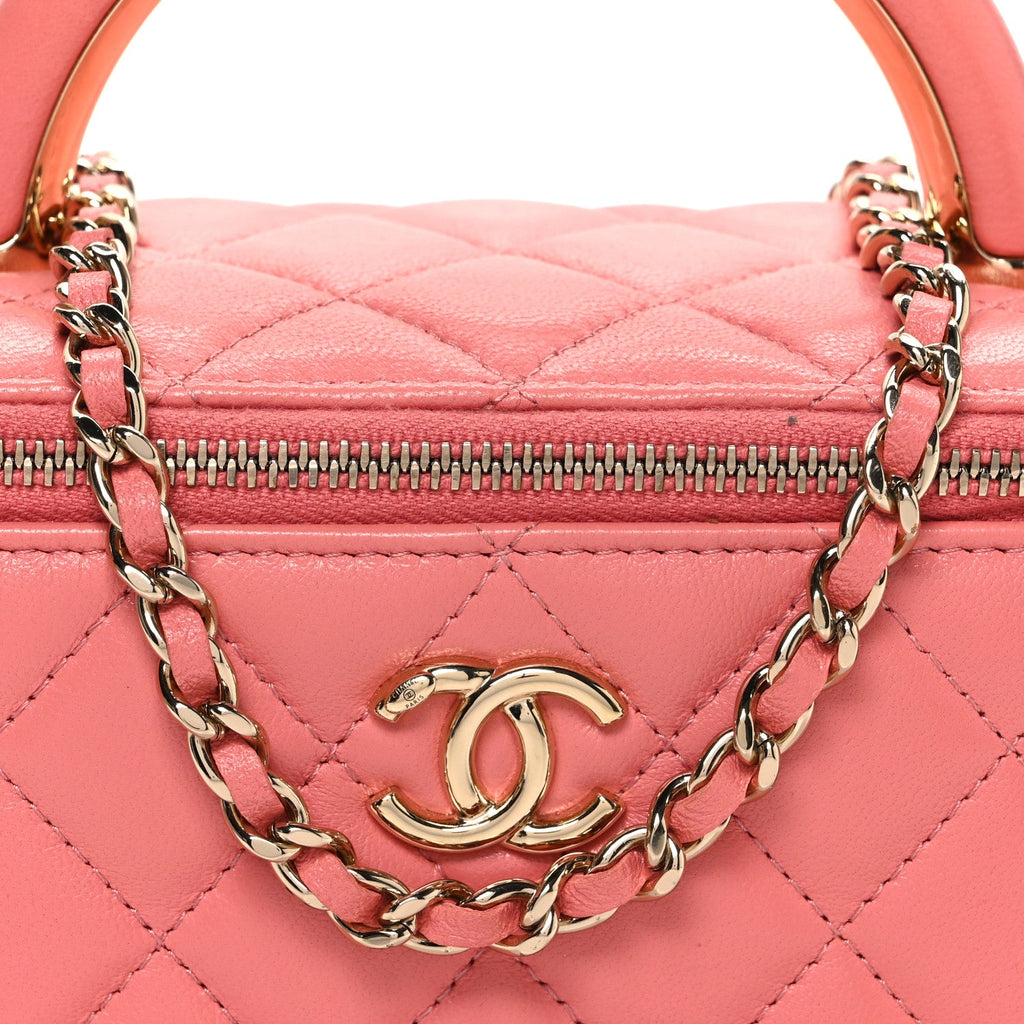 Lambskin Quilted Small Charming Top Handle Vanity Case With Chain Pink