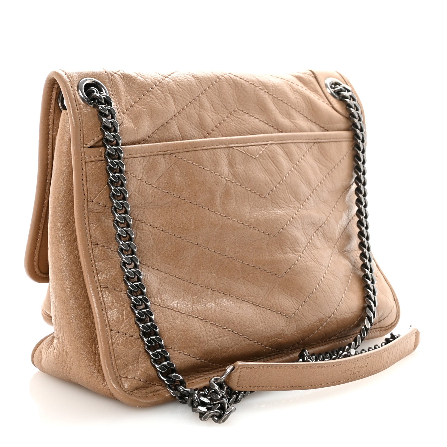 Crinkled Calfskin Matelasse Monogram Medium Niki Chain Satchel Light Taupe