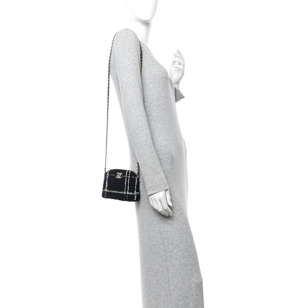 Tweed Quilted Mini Clutch With Chain  Black White