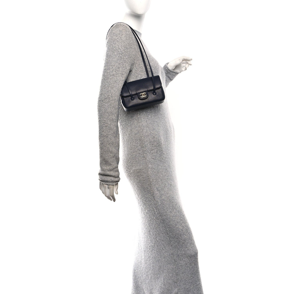 Shiny Caviar Mini Preppy Coco Shoulder Bag Dark Blue