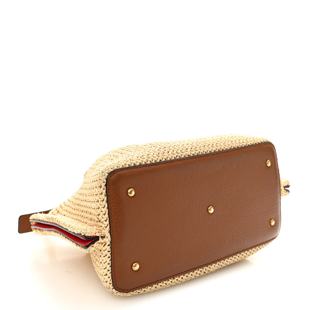 Raffia Grained Calfskin Small Rockstud Vlogo Tote Naturale