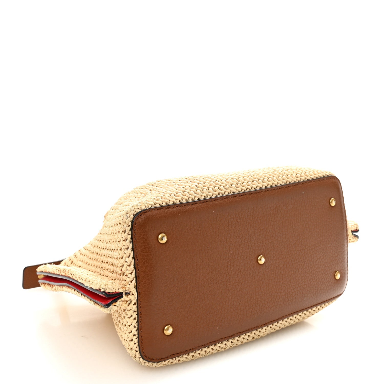Raffia Grained Calfskin Small Rockstud Vlogo Tote Naturale