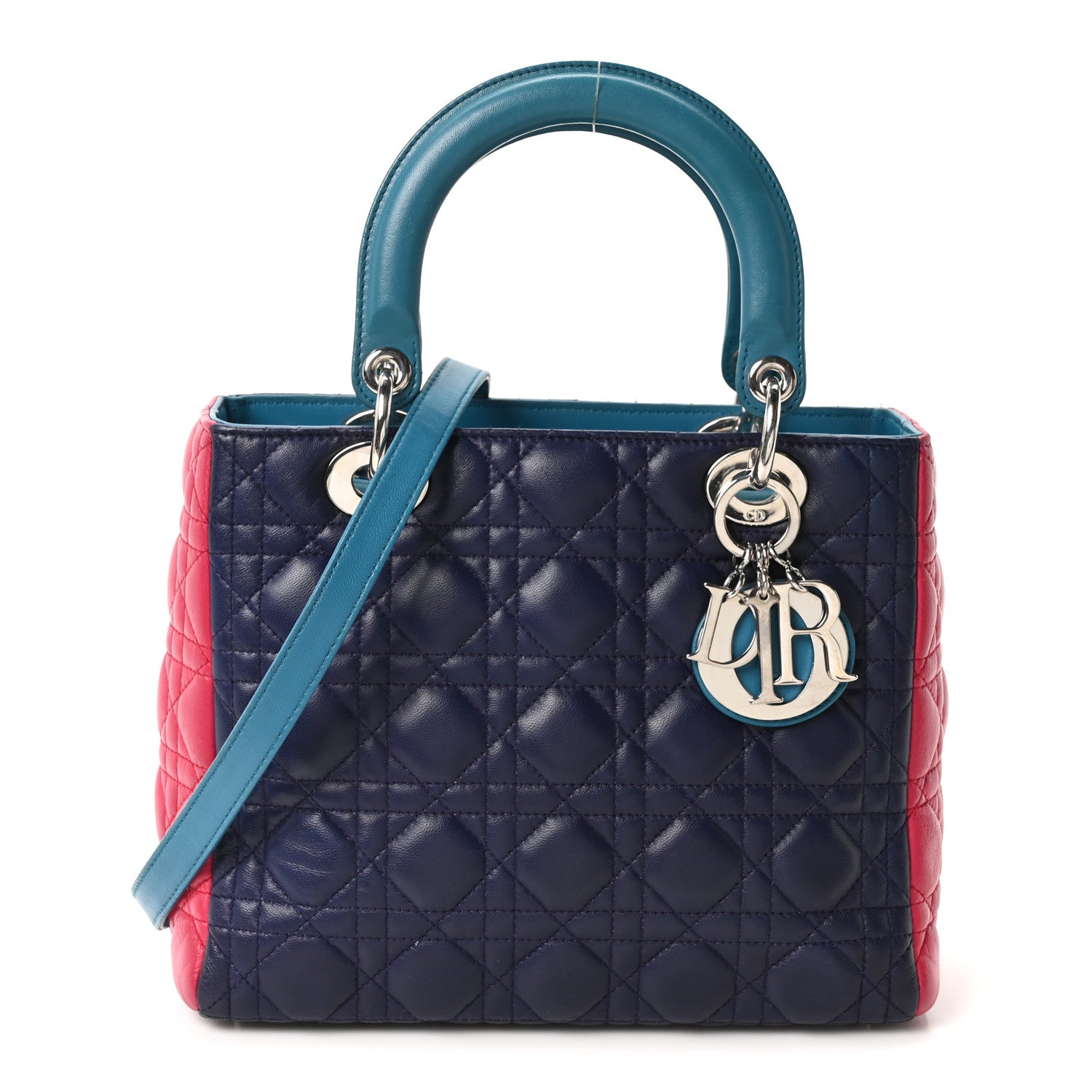 Lambskin Cannage Medium Tri-Color Lady Dior Sapphire Fuchsia Turquoise