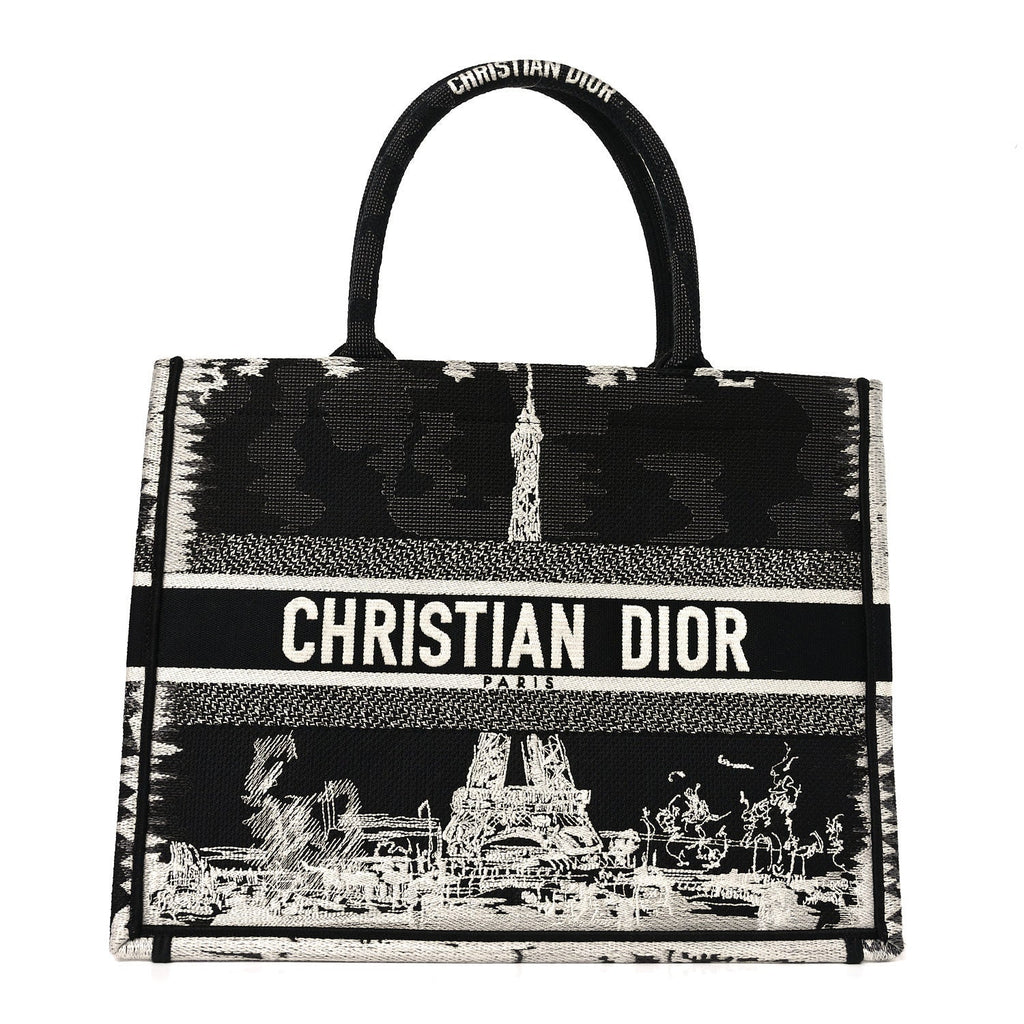 Canvas Embroidered Medium Paris Book Tote Black White