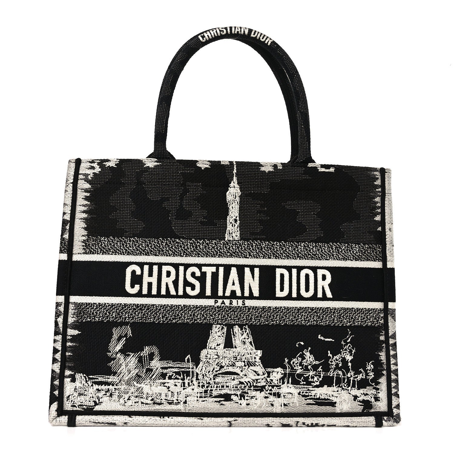 Canvas Embroidered Medium Paris Book Tote Black White