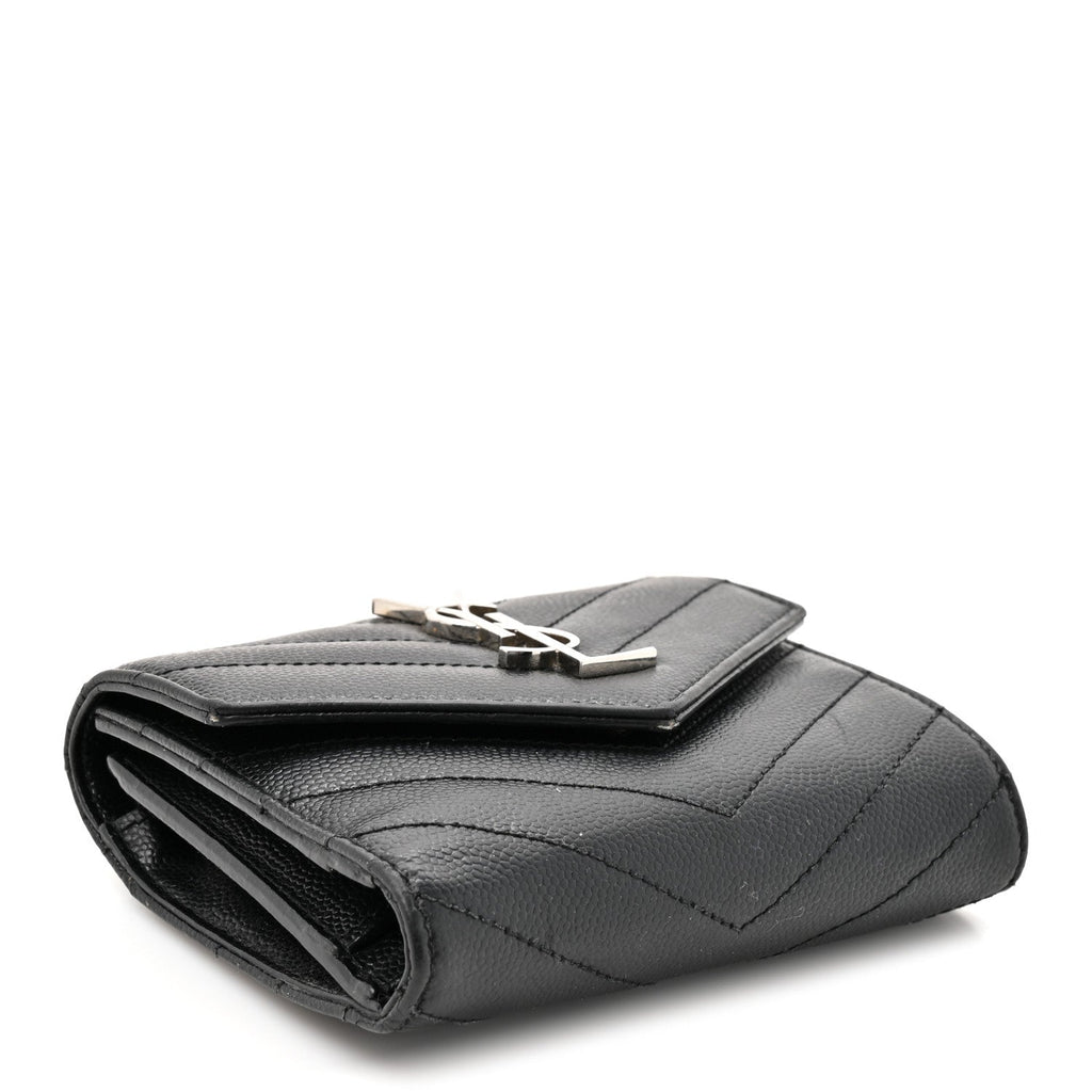 Grain De Poudre Matelasse Chevron Monogram Compact Tri Fold Wallet Black