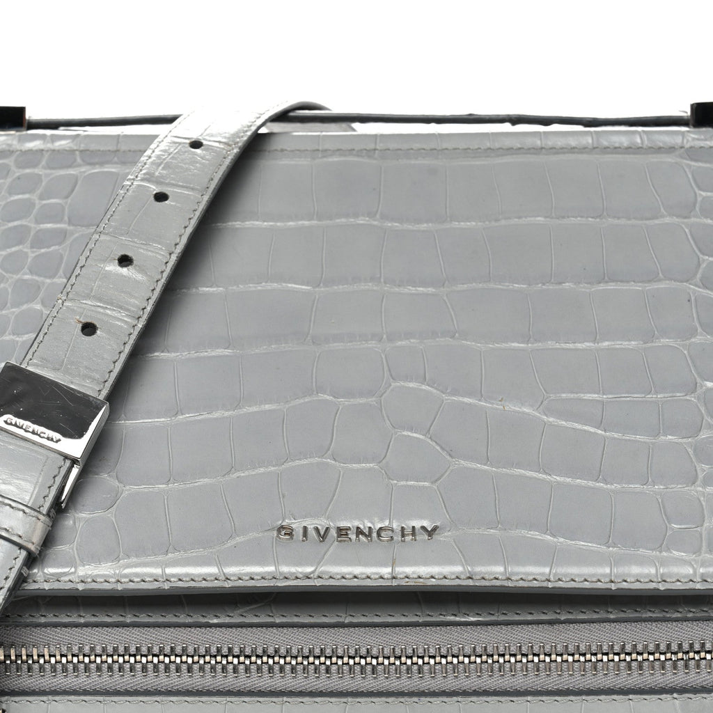 Calfskin Crocodile Embossed Medium Pandora Box Crossbody Bag Grey